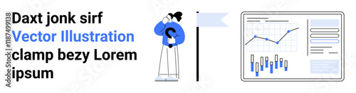 Businesswoman holding a magnifying glass, examining a laptop screen displaying data charts. Ideal for business insights, technology, data analysis, growth, marketing, strategy, and finance. Landing