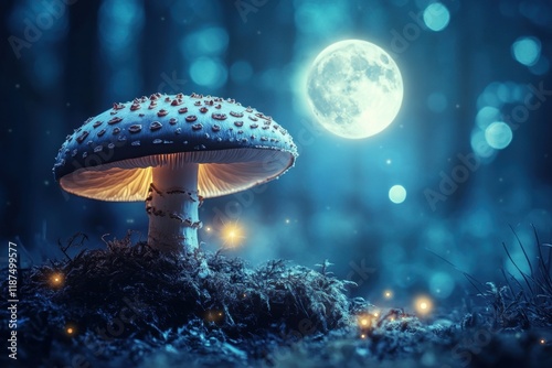 Enchanting Moonlit Forest Mushroom Glowing Brightly photo