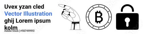 Hand pointing, Bitcoin symbol, lock icon, and Ipsum text. Ideal for cryptocurrency, blockchain security, digital transactions, online privacy, fintech innovation, data protection, cryptocurrency