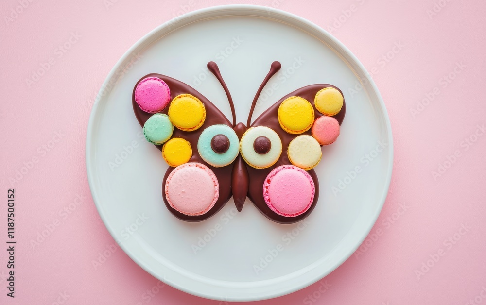 A dessert plate with a butterfly face made from colorful macarons for wings, with a chocolate mousse base on a pastel pink background
