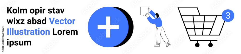 Blue circle with plus sign, person with a box, shopping cart with notification. Ideal for e-commerce, digital sales, online shopping, notifications, user interactions, inventory management, UI Blue circle with plus sign, person with a box, shopping cart with notification. Ideal for e-commerce, digital sales, online shopping, notifications, user interactions, inventory management, UI
