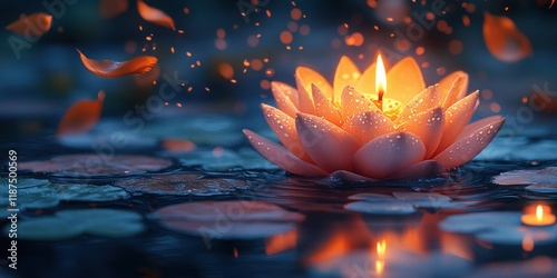 Lotus Flower Candle Floating on Water for Diwali and Loy Krathong Celebrations photo