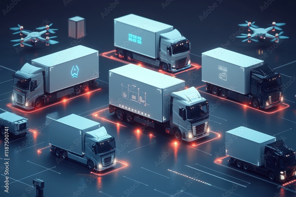 Cargo Management Concept. Futuristic logistics scene with trucks and drones in a digital environment. Cargo Management Concept. Futuristic logistics scene with trucks and drones in a digital environment.
