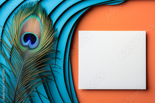 Party event celebration invitation background, orange blue, peacock feather decoration, white copy space, birthday, anniversary, wedding, engagement