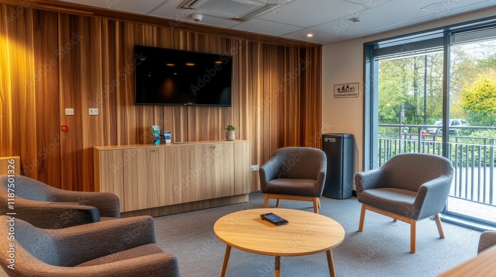 Fototapeta premium Modern wooden waiting room featuring stylish armchairs, a sleek TV on the wall, and a mobile phone placed on a nearby coffee table.