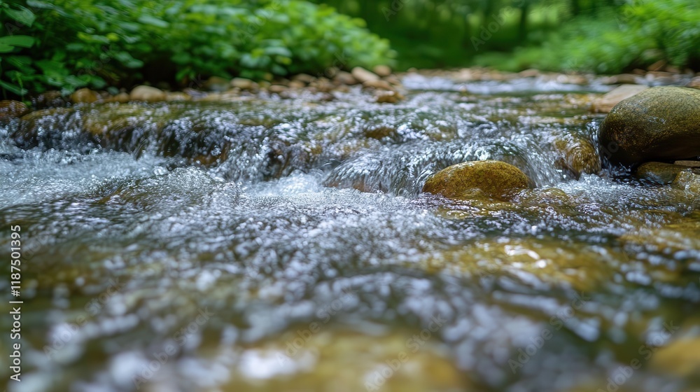 Fototapeta premium River flowing through forest, close-up of water glistening over rocks, vibrant green foliage on the riverbank