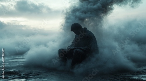 Man sits alone in smoke and fog, feeling lost and despair. photo