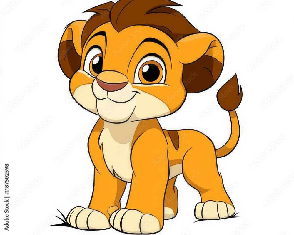 Obraz premium Adorable cartoon lion cub, orange fur, large eyes, playful pose.