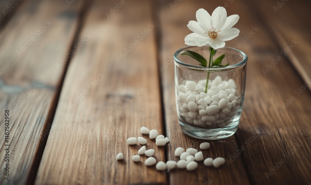 Low angle shot of a small white flower in a glass vase filled with white pebbles on a wooden table , small flower, home decor , wooden table Low angle shot of a small white flower in a glass vase filled with white pebbles on a wooden table , small flower, home decor , wooden table