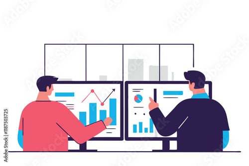 Businessmen analyzing financial diagrams and charts on a digital platform for trading in the stock exchange market