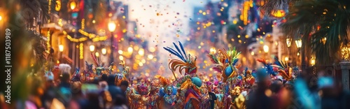 Vibrant carnival with colorful costumes elaborate floats and lively music filling a bustling city street at night  A crowd of people enjoying the festive atmosphere and the energy of the parade
