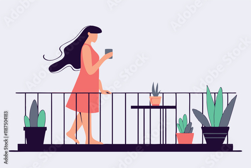 Vector illustration of woman standing alone on the balcony looking at the city