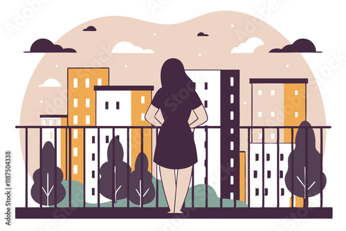 Vector illustration of woman standing alone on the balcony looking at the city