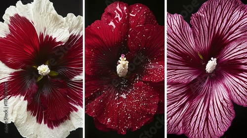   Three pictures of a flower with red and white petals and a white stamene photo