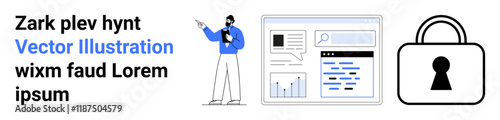 Business professional pointing at data on tablet, webpage with graphs and search, security lock icon. Ideal for presentations, analytics, data security, business consulting, cybersecurity, website