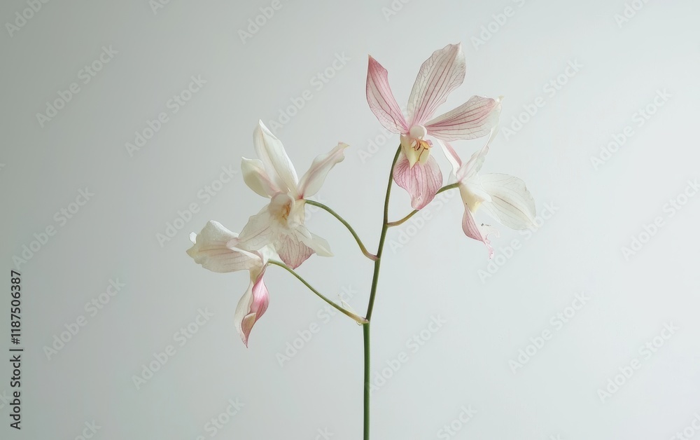 Fototapeta premium A blooming orchid with delicate white and pink flowers on a tall green stem on a bright white backdrop
