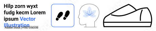 Text block beside icons of footsteps, human profile with leaf, slip-on shoe. Ideal for health, fitness, mindfulness, mental relaxation, physical activity, exercise promotion, lifestyle. Landing page