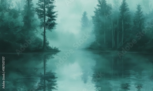 Misty Forest Pond Reflecting Lush Green Trees