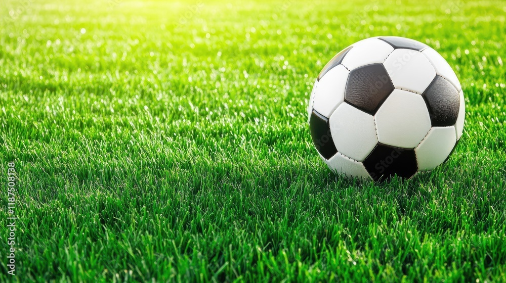 Fototapeta premium A classic black-and-white soccer ball on freshly cut green grass under the sunlight.