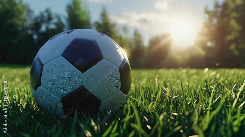 Fototapeta premium A classic black-and-white soccer ball on freshly cut green grass under the sunlight.