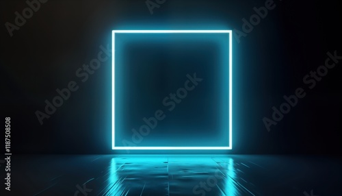 Dark background illuminated by glowing neon rectangle. Retro futuristic design. Empty space inside neon frame ideal for posters, game interfaces. Front view with reflective effect. Modern tech