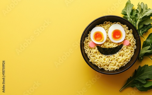 A bowl of ramen styled as a smiling face, with boiled egg eyes and a seaweed mouth on a pastel yellow background photo