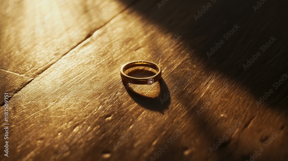 A diamond engagement ring captured in golden hour lighting on a natural wood table. A diamond engagement ring captured in golden hour lighting on a natural wood table.
