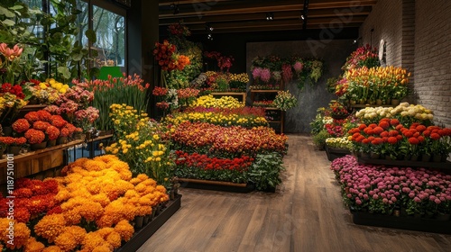 Vibrant floral shop interior with colorful displays of flowers and plants.