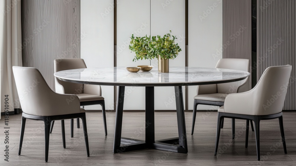 Fototapeta premium Furniture trendy luxury and innovative, A modern dining setup featuring a round glass table, elegant chairs, and a vase of greenery, creating a stylish and inviting atmosphere.