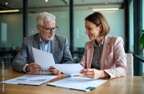 Businesswoman, businessman review financial documents in office meeting. Discussing accounting papers together. Mature woman manager consults older man client at business interview in office. Pro