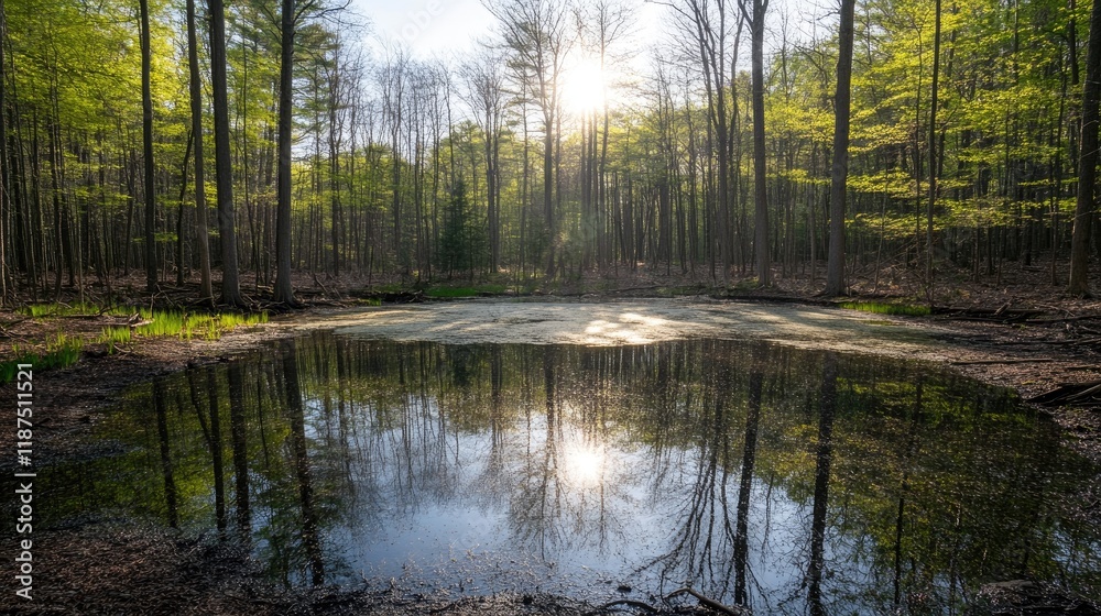 Obraz premium A hidden pond in a lush forest, with calm water and gentle sunlight.