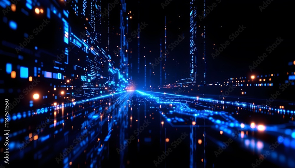 Fototapeta premium Glowing blue digital data stream flows in a dark virtual space, symbolizing speed and connectivity, suitable for tech conferences, online news, and digital art projects