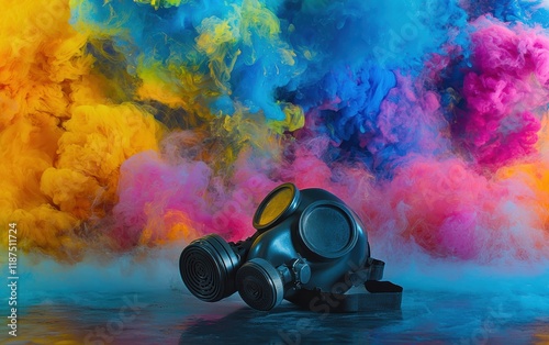 A chemical spill scene with brightly colored toxic liquids and vapor clouds rising, with a gas mask resting nearby