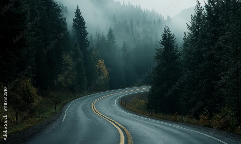 Fototapeta premium Mountainous road winding through dense forest, rural area, highway