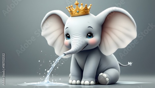 A cute baby elephant with a crown sprays water, symbolizing joy and innocence, ideal for children,s books, birthday invites, or baby shower cards photo