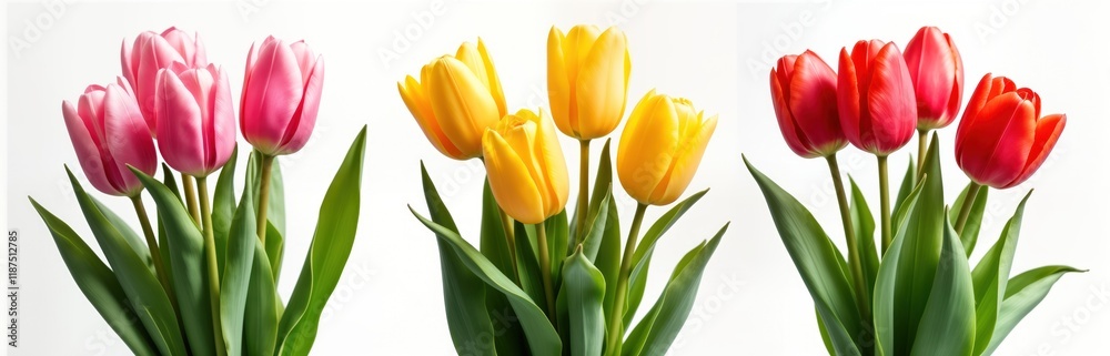 Fresh tulips in vibrant pink yellow, red colors arranged in bouquet. Natural spring flowers. Beautiful floral arrangement isolated on white background. Perfect for spring summer design project. Fresh tulips in vibrant pink yellow, red colors arranged in bouquet. Natural spring flowers. Beautiful floral arrangement isolated on white background. Perfect for spring summer design project.