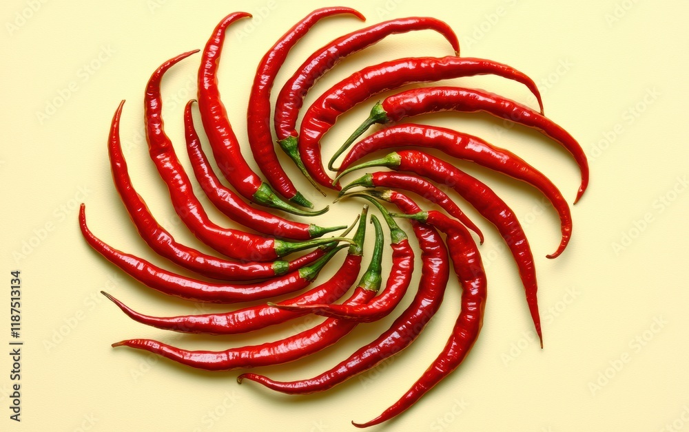 A cluster of red chili peppers arranged in a spiral pattern on a pastel yellow background A cluster of red chili peppers arranged in a spiral pattern on a pastel yellow background