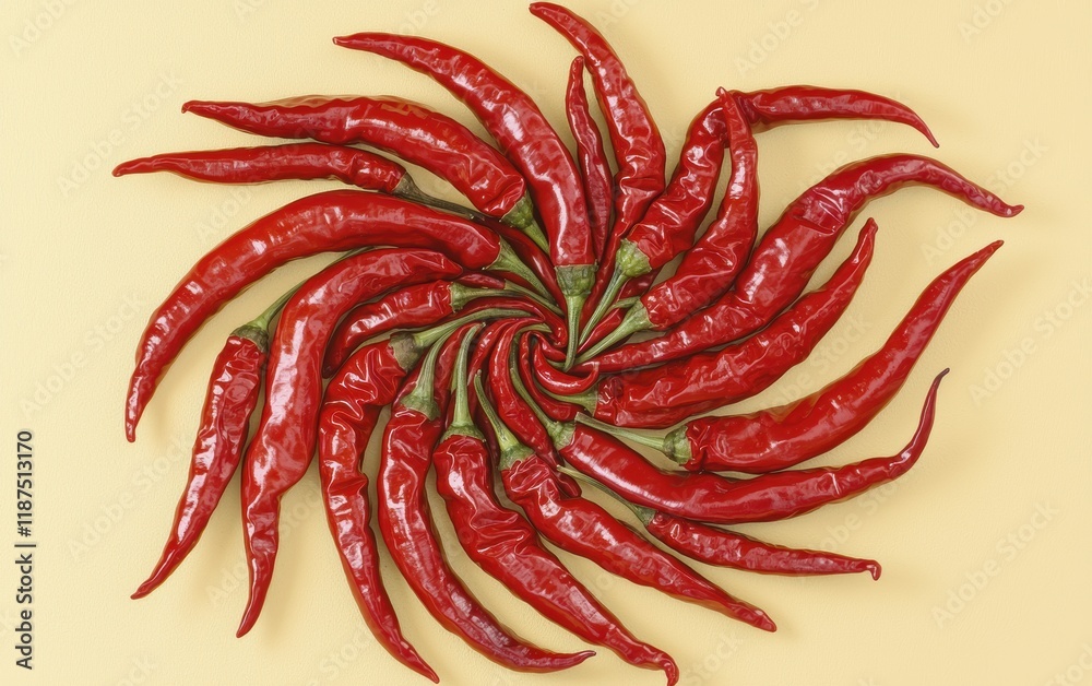 A cluster of red chili peppers arranged in a spiral pattern on a pastel yellow background