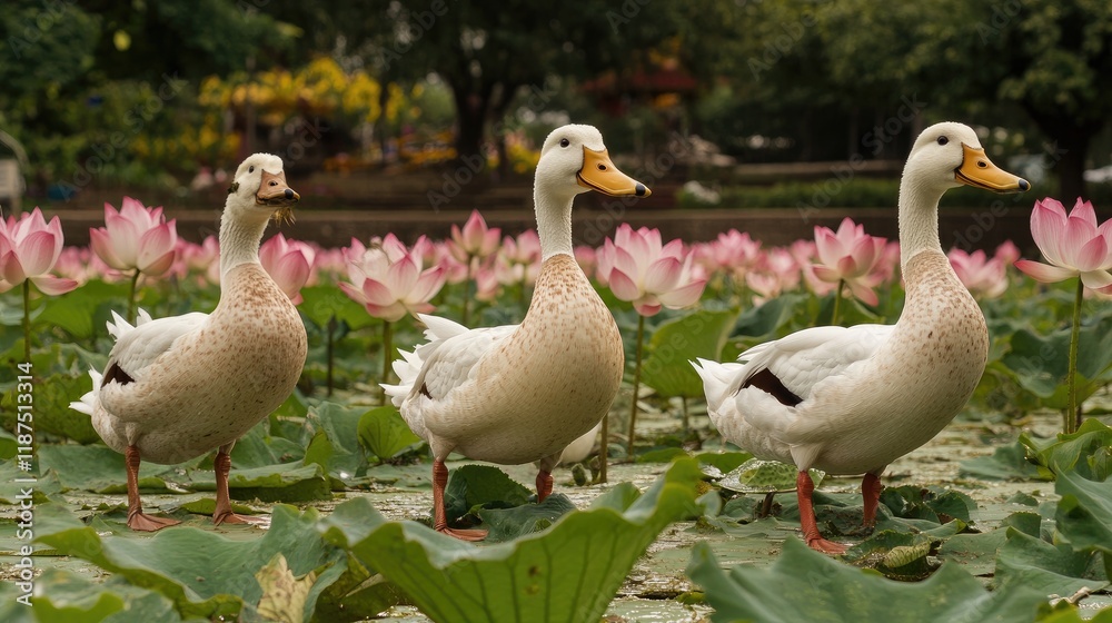A picturesque lotus pond with ducks basking in the peaceful morning atmosphere. A picturesque lotus pond with ducks basking in the peaceful morning atmosphere.