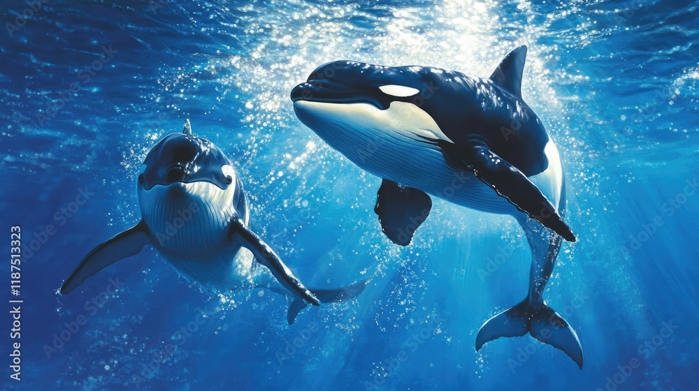Naklejka premium A playful whale calf jumping alongside its mother in sparkling blue waters.