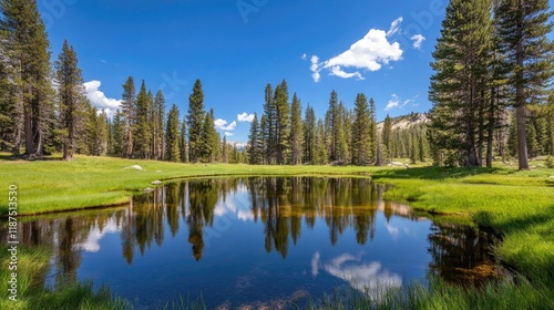 A quiet natural pond reflecting tall trees in a tranquil forest setting.