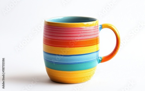 A colorful ceramic mug with a matte finish on a clean white backdrop