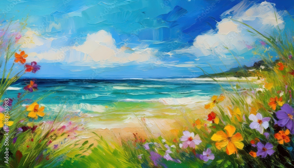 Tranquil Summer Scene Impressionistic WideAngle View of a Blue Sky, Green Sea, and Wild Flowers on the Beach Natures Harmony in a Vibrant Landscape. Tranquil Summer Scene Impressionistic WideAngle View of a Blue Sky, Green Sea, and Wild Flowers on the Beach Natures Harmony in a Vibrant Landscape.