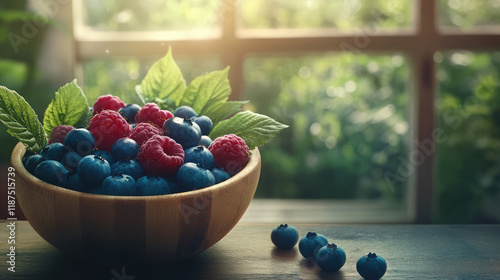 A bowl of blueberries and raspberries sits on a table