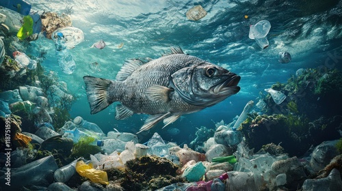 Fish swimming in polluted ocean with plastic waste. photo