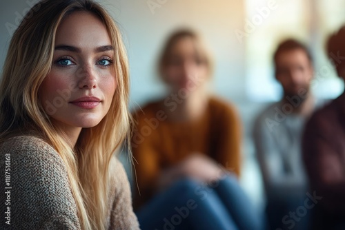 Wallpaper Mural mental health therapy group support sessions with adults sharing experiences in a circle for healing and psychological help Torontodigital.ca
