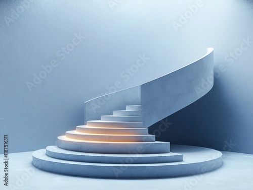 Spiraling Staircase with Circular Platform in Blue Minimalist Scene