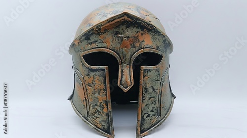 Ancient Warrior Helmet Displayed on White Background photo