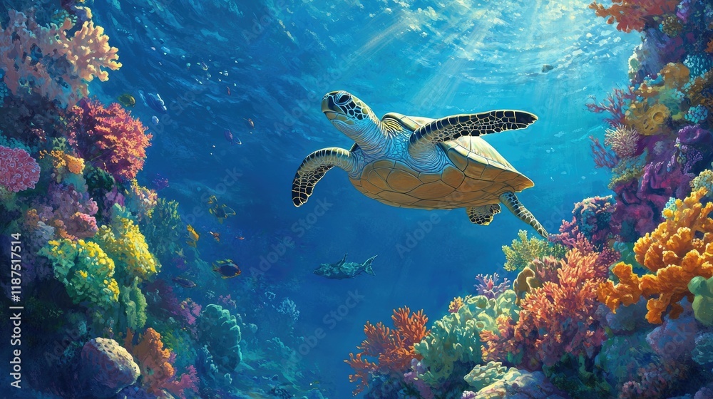 Fototapeta premium A turtle swimming near a vibrant coral wall in the clear, bright blue sea.
