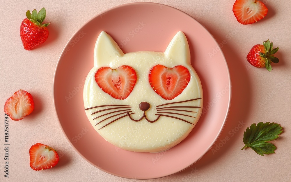A dessert plate with a cat face crafted from vanilla pudding, strawberry slices, and chocolate whiskers on a pastel peach background A dessert plate with a cat face crafted from vanilla pudding, strawberry slices, and chocolate whiskers on a pastel peach background
